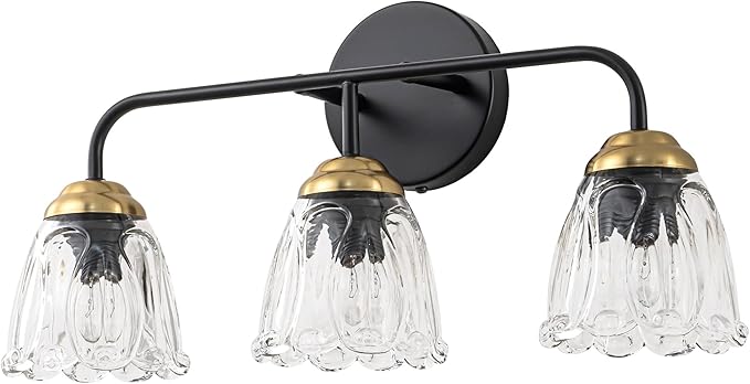 3-Light Black and Gold Bathroom Vanity Light, Thickened Glass Shade Wall Sconce, E12 Base Vanity Lighting Fixture for Mirror Cabinet Makeup Dressing Table