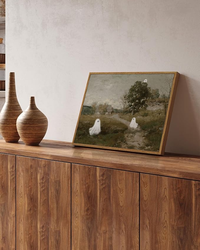 InSimSea Framed Canvas Wall Art, Vintage Halloween Decor, Cute Ghosts Decor Indoor, Bedroom Bathroom Living Room Halloween Pictures Decorations, Landscape Wall Art Prints, 12"x16"