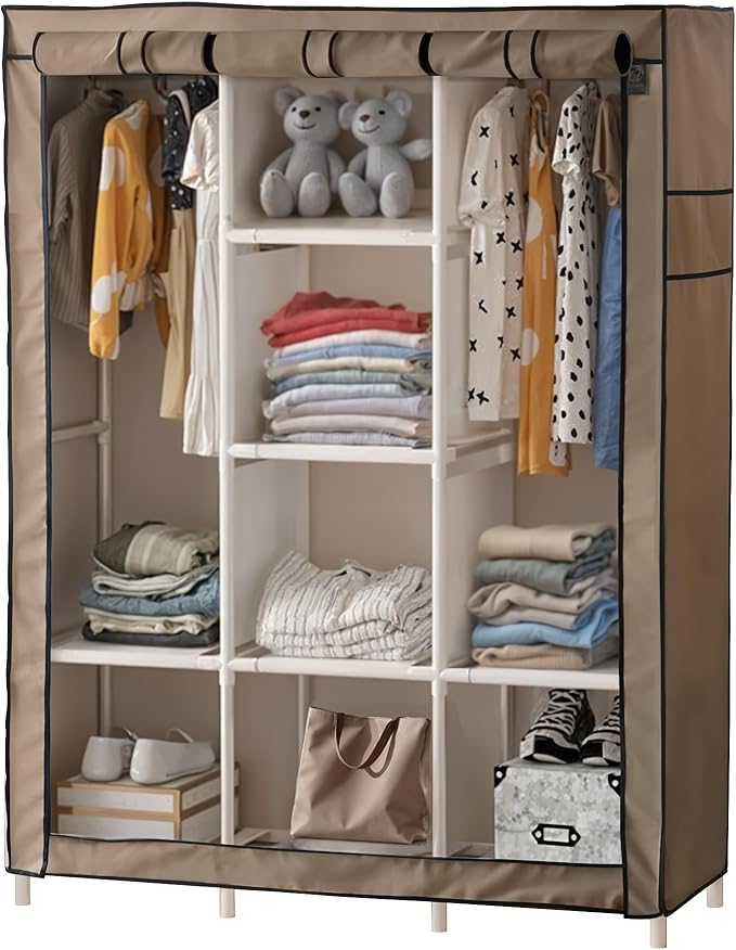 DivaDee Portable Wardrobe Closet with Cover – Freestanding Clothes Organizer with 8 Storage Shelves & Dual Hanging Rods – Spacious Closet for Bedroom, Dorm