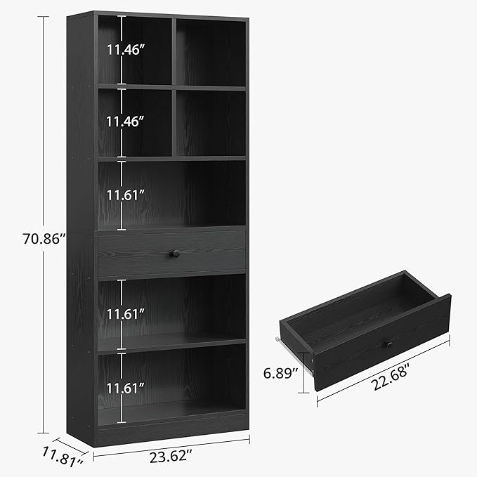 IRONCK Bookcase and Bookshelves, 70" Tall Bookshelf Floor Standing 6 Tiers Display Storage Shelves, Book Shelf with Drawers for Home Office, Living Room, Bedroom, Library, Black