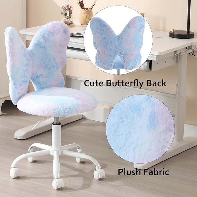 Butterfly Kids Desk & Chair - Adjustable, Swivel, Furry, Blue - Home, Bedroom, School, Dorm