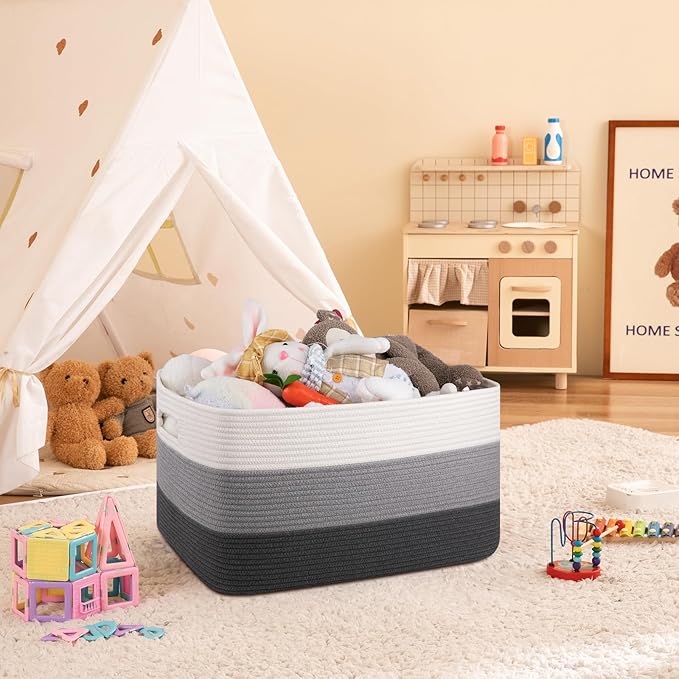 OIAHOMY Large Blanket Basket For Living Room, Rectangle Woven Baskets for Storage, Nursery Toy Storage With Handle-22”x17”x12”-Gradient Dark Grey