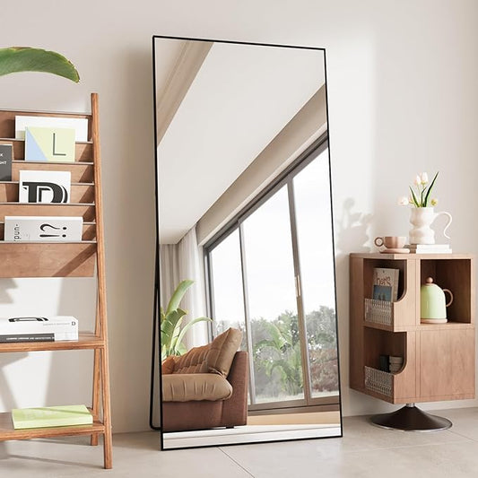 FANYUSHOW Full Length Mirror, Standing Hanging or Leaning Body Mirror, Simple Rectangle Design, Aluminum Alloy Thin Frame, Floor Mirror for Bedrooms, Bathrooms, Living Room 63"x19" (Black)