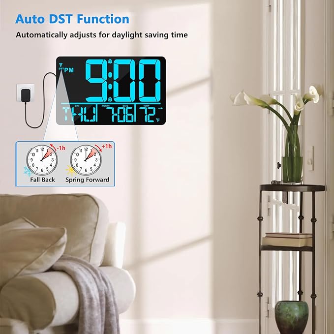 13" Bluetooth Auto Sync Wall Clock - Large Digital Alarm Clock with Remote, 25 Ringtones, Dual Alarm, Adjustable Brightness, 12/24H, Auto DST, for Living Room, Kitchen, Office, Elderly（Blue）