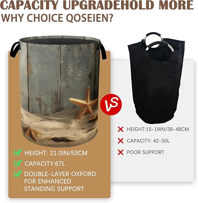 Large Laundry Basket,Sand Starfish Collapsible Laundry Baskets,Wood Board Waterproof Oxford Hamper with Handles for Bathroom Bedroom Nursery Home Storage 16"x20"