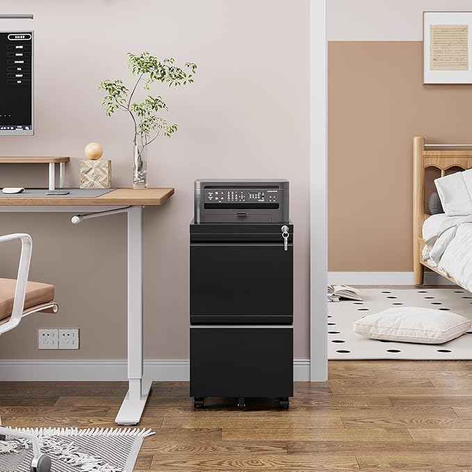 2 Drawer File Cabinet with Lock，Locking Filing Cabinet Under Desk,Rolling File Cabinets for Home Office/Legal/Letter Size,Fully Assembled (Black)