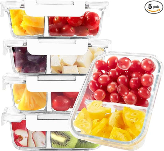 BAYZZ 5 Pack 35 Oz Glass Meal Prep Containers 2 Compartments, Glass Storage Containers with Lids, Airtight Lunch Bento Boxes, BPA-Free, Microwave and Freezer Safe,White