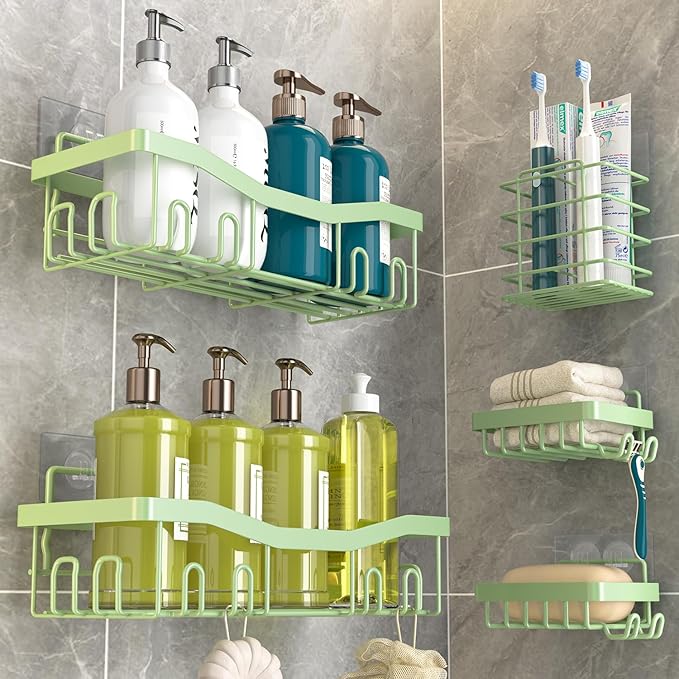 Adhesive Shower Caddy, No Drilling Bath Organizers 5 Pack, Rustproof Shelves with Soap Holder & Toothbrush Holder, Bathroom Organizers and Storage, Green