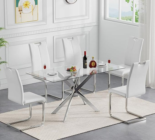 Modern Glass Dining Table Set for 4, Silver Glass Kitchen Table and Chairs Set of 4, 5 Piece Dining Room Table Set with 61" Rectangular Metal Glass Dinner Table and 4 White Leather Dining Chairs
