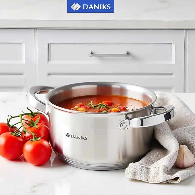 Daniks Standard Stainless Steel Stock Pot with Glass Lid – Induction 3 Quart, Dishwasher Safe, Measuring Scale, For Soup, Pasta, Stew, Silver