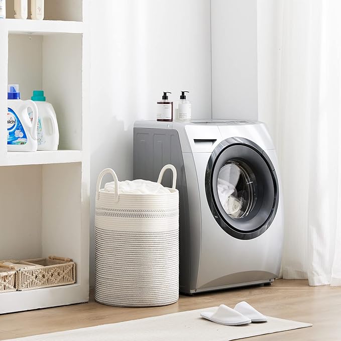 Fiona's magic 72L Large Woven Rope Laundry Hamper, Tall Laundry Basket Storage, Baby Nursery Hamper for Blankets, Toys and Clothes Hamper for Bedroom and Living Room Organizing, Jute, White