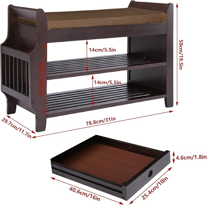 Bamboo Shoe Storage Bench, 3-Tier Shoe Rack with Padded Seat Cushion, Shoe Organizer Shelves for Entryway, Living Room, Bedroom, Hallway, Brown 31”