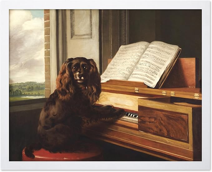 Poster Master Vintage Portrait of an Extraordinary Musical Dog Poster - Retro Dog Print - Puppy Art - Music Art - Piano Art - Animal Lover Art - Living Room or Office Decor, 11x14 White Framed