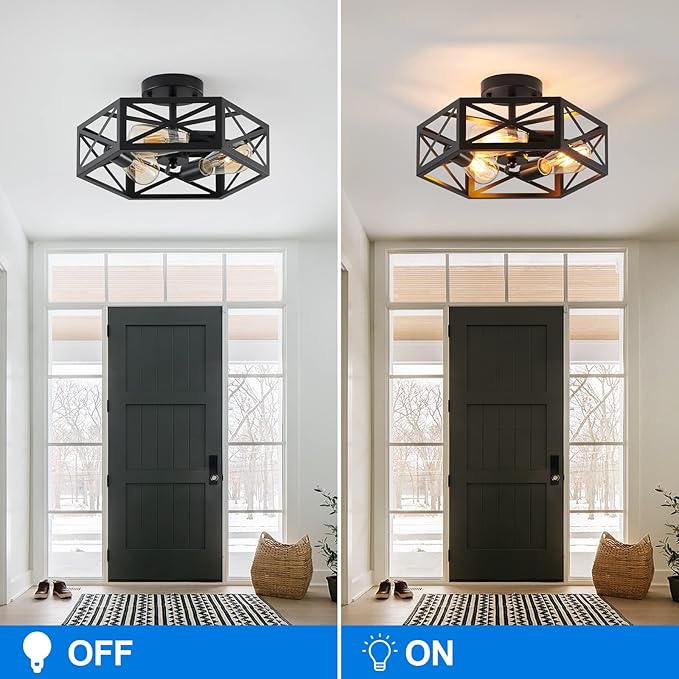Semi Flush Mount Ceiling Light Fixture, Modern Farmhouse 3-Light Black Ceiling Light, Industrial Close to Ceiling Light with Metal Hexagon Cage Ceiling Lamp for Kitchen, Hallway, Bathroom