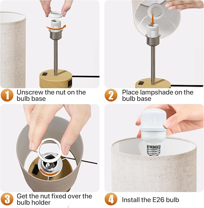 KPQ Small Bedside Lamp Touch Control Table Lamp with USB A+C Charging Ports & AC Outlet 3-Way Dimmable Nightstand Lamp with Linen Fabric Shade for Bedroom Living Room