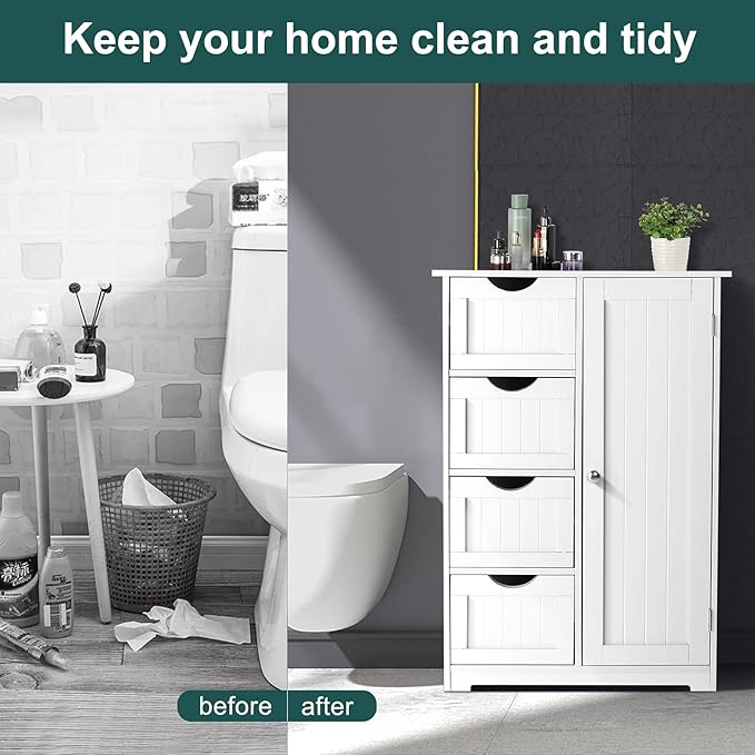 VINGLI White Bathroom Storage Cabinet with 4 Drawers 1 Cupboard Side Storage with Adjustable Shelf, Wood Bathroom Floor Cabinet with Drawers Also for Kitchen, Entryway, Bedroom, 22" Wx11.8 Dx32.3 H