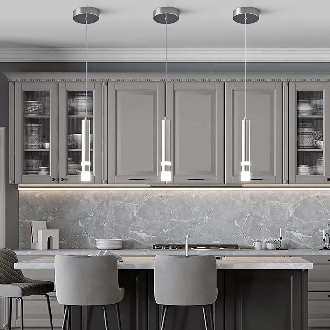 Modern Pendant Light Kitchen Fixture Dimmable LED Chrome Mini Pendant Lighting fo Kitchen Island Bedroom Bedside Table Small Pendant Lights (3-Pack)