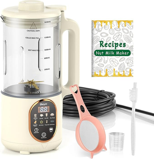 Beyn 10-in-1 Upgraded 60oz Nut Milk Maker Machine with 48-Leaf Titanium Blades，Automatic Plant-Based Milk Maker for Homemade Oat, Soy, Almond, Juice & More，Temp Hold, Delay Start, Boil &Auto Clean
