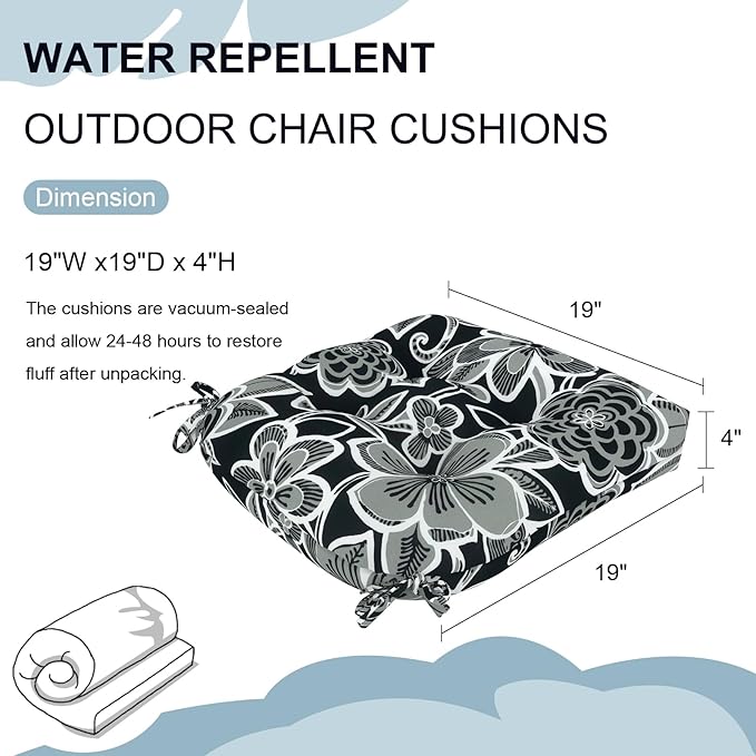 Set of 2 Outdoor Chair Cushions 19"x19"x4",Water Repellent Tufted Seat Cushions with Ties, Replacement Thick Chair Pads for Wicker Dining and Patio Furniture - Flower Black