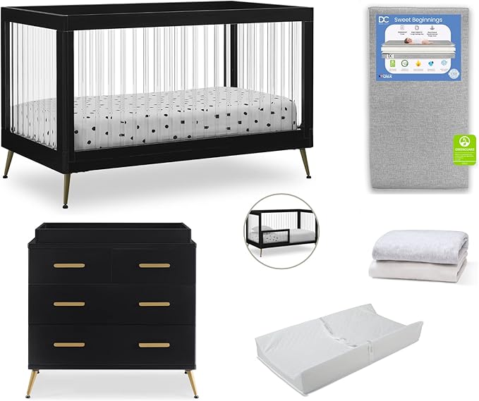 Delta Children Sloane Crib 7-Piece Baby Nursery Furniture Set–Includes: Convertible Crib, Dresser, Changing Top, Crib Mattress, Fitted Sheets, Toddler Guardrail & Changing Pad, Black w/Melted Bronze