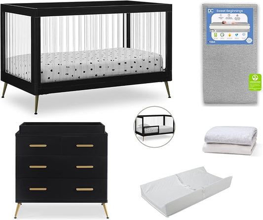 Delta Children Sloane Crib 7-Piece Baby Nursery Furniture Set–Includes: Convertible Crib, Dresser, Changing Top, Crib Mattress, Fitted Sheets, Toddler Guardrail & Changing Pad, Black w/Melted Bronze