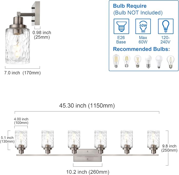 MELUCEE 6-Light Bathroom Vanity Light Brushed Nickel Finish with Clear Hammered Glass Shade, Industrial Wall Light Fixtures for Bath Mirror Bedroom Dressing Table (Patent No.: US D963914 S)