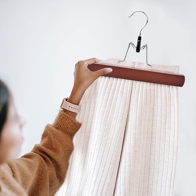 Nature Smile Wooden Pants Skirt Hangers, Smooth Finish Solid Wood Non Slip Jeans Slack Clamp Hangers Hair Extension Hangers (10 Pack Cherry)…