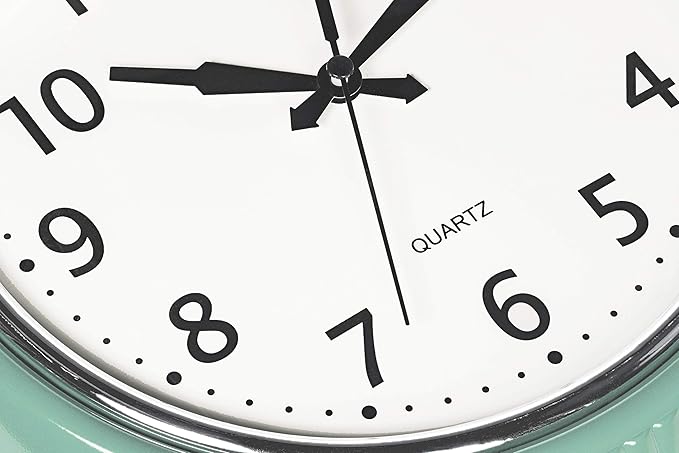 Bernhard Products Retro Wall Clock 12 Inch Seafoam Green Kitchen 50's Vintage Design Round Silent Non Ticking Battery Operated Quality Quartz Clocks for Home Office School Kids Bedroom Living Room