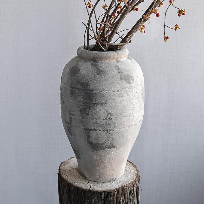 Antique Ceramic Flower Vase for Living Room Bedroom 9.06'' Farmhouse Decor for Bouquet Fake Plant Home Decor Office Table Shelf Fireplace Centerpieces Rustic Retro Vintage Classic Modern Beige