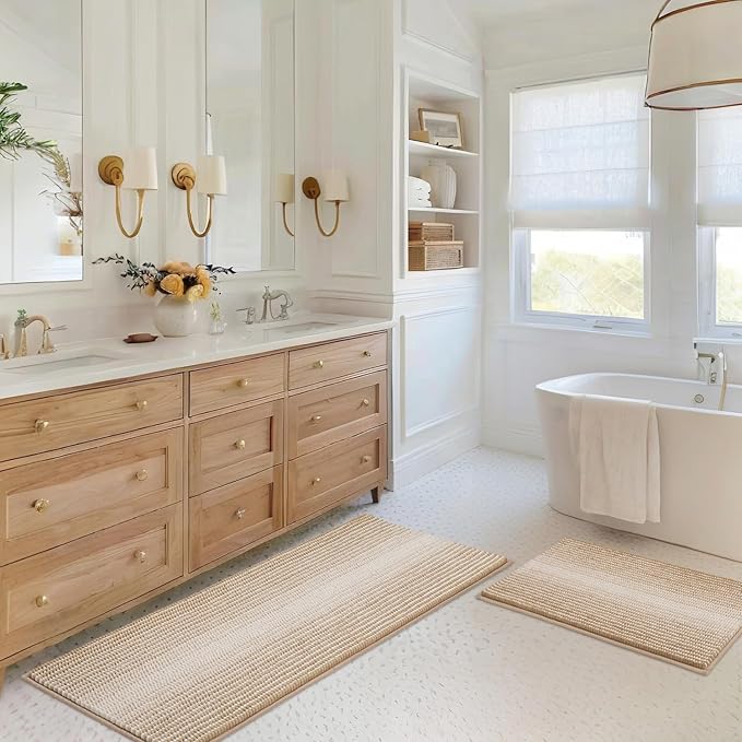 BSICPRO Bathroom Rugs and Mats Sets, 2 Piece Thick Absorbent Chenille Bath Mat Rug Set Non Slip, Soft Shaggy Bath Room Floor Mats for Bathroom, Machine Washable (Beige, 20" x 47" Plus 20" x 32")