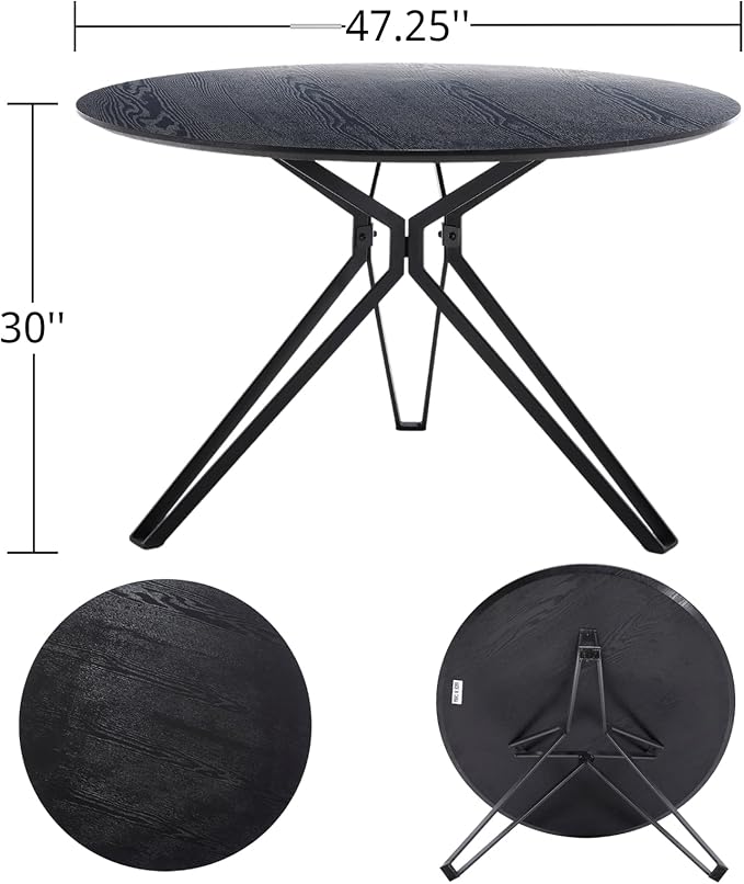 DUOMAY 47'' Round Dining Table for 4-6 Person, Mid-Century Modern Solid Wood Dining Room Table, Dinner Table with Intersecting Pedestal Metal Base for Kitchen, Office, Living Room, Black