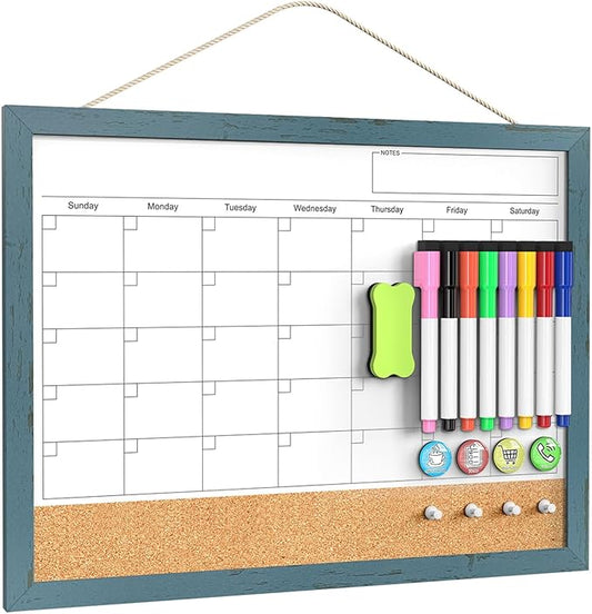 Whiteboard Calendar & Corkboard for Wall, 17x13 Inches Dry Erase Monthly Calendar with Wood Framed, Magnetic White Board Cork Board Combo, Bulletin Board for Home Office Kitchen Memo Planner