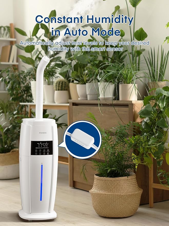 FOHERE 4.8Gal/18L Humidifier Large Room, Easy Top Fill Cool Mist Tower Humidifiers Quiet for Home, Indoor Plant, Commercial, Whole House Cover up to 1500ft², with Smart Humidity Sensor, Remote, White