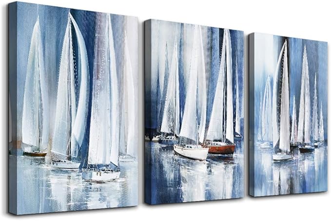 3 Piece Framed canvas wall art for living room bathroom bedroom Wall Art Decor Ocean landscape sailboat abstract Canvas painting Ready to Hang Office Home Decoration sea poster Pictures Wall Artworks