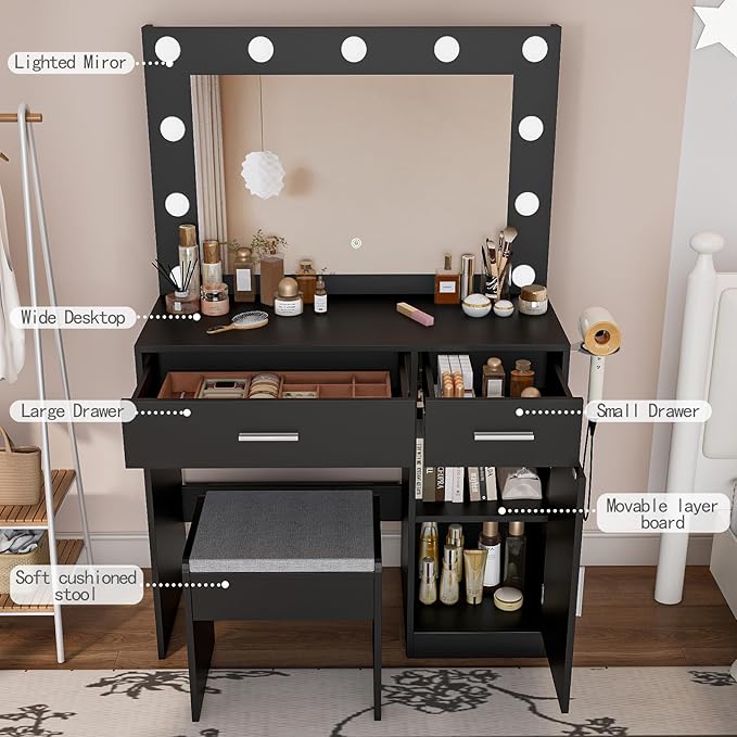 Makeup Vanity with Stool, Large Drawer and Power Socket with 11 Light Bulbs and 3 Adjustable Lighting Modes, Vanity Table for Bedroom (Black)