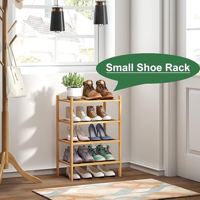 Small Shoe Rack, 4-Tier Bamboo Wood Shoe Rack for Entryway, Stackable Shoe Organizer for Hallway Closet, Free Standing Shoe Racks for Indoor & Outdoor
