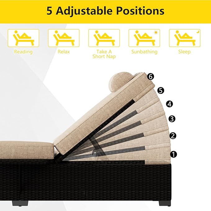 Outdoor Patio Rattan Chaise Lounge,Reclining Adjustable Pool Chaise Lounge Chair with Cushion,PE Wicker, Steel Frame, Sunbathing Chair for Beach, Yard, or Poolside, Set of 2 (Brown)