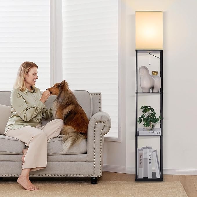 Floor Lamp with Shelves, Modern Square Standing Lamp with 3-Color Remote Control Dimming Bulb, Corner Display Bookshelf Lamp for Living Room, Bedroom and Office (black-9YK)