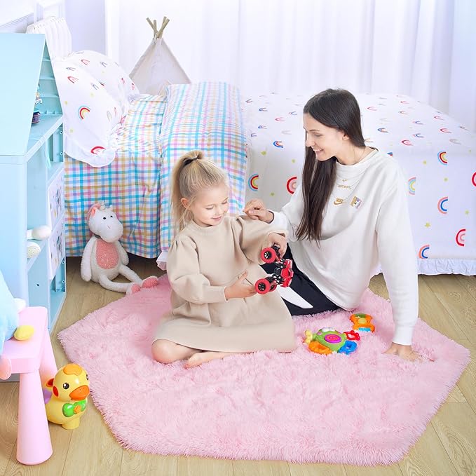 junovo Ultra Soft Rug for Nursery Children Room Baby Room Home Decor Dormitory Hexagon Carpet for Playhouse Princess Tent Kids Play Castle, Diameter 4.6 ft, Pink