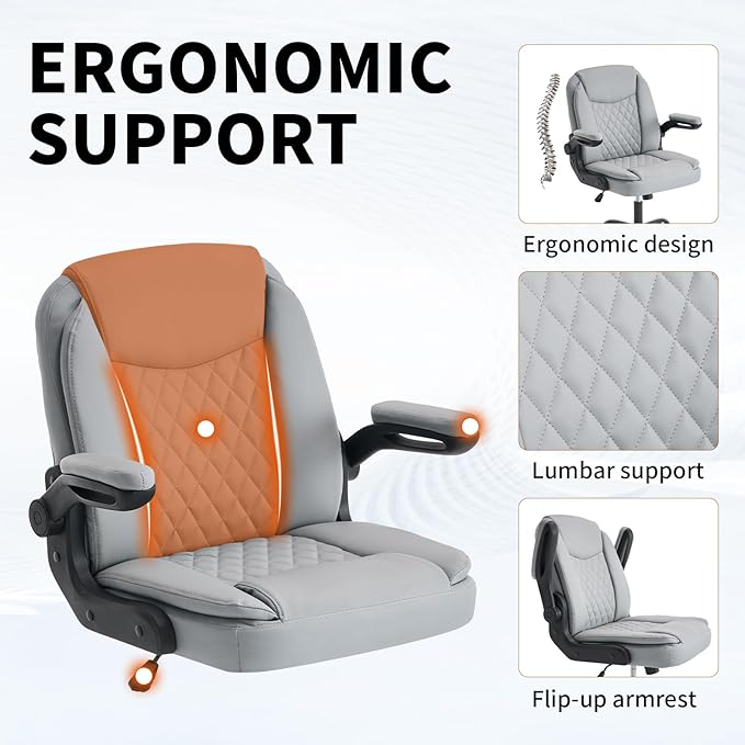 Office Chair, Executive Leather Home Office Desk Chair - Ergonomic Computer Chair with Back & Lumbar Support, 360°Swivel, Adjustable Flip-Up Armrests, Rocking Function Gray