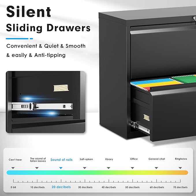 Pataku Lateral File Cabinet, 2 Drawer File Cabinet with Lock, Black Filing Cabinets for Home Office, Metal File Cabinet for Hanging Files/Letters/Legal/F4/A4(Black)