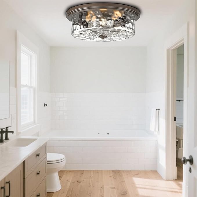 Large Industrial Flush Mount Ceiling Light, 16" 3-Light Modern Ceiling Light Fixture, Farmhouse Close to Ceiling Lighting,Hammered Glass Ceiling Light for Bedroom, Living Room, Kitchen Island