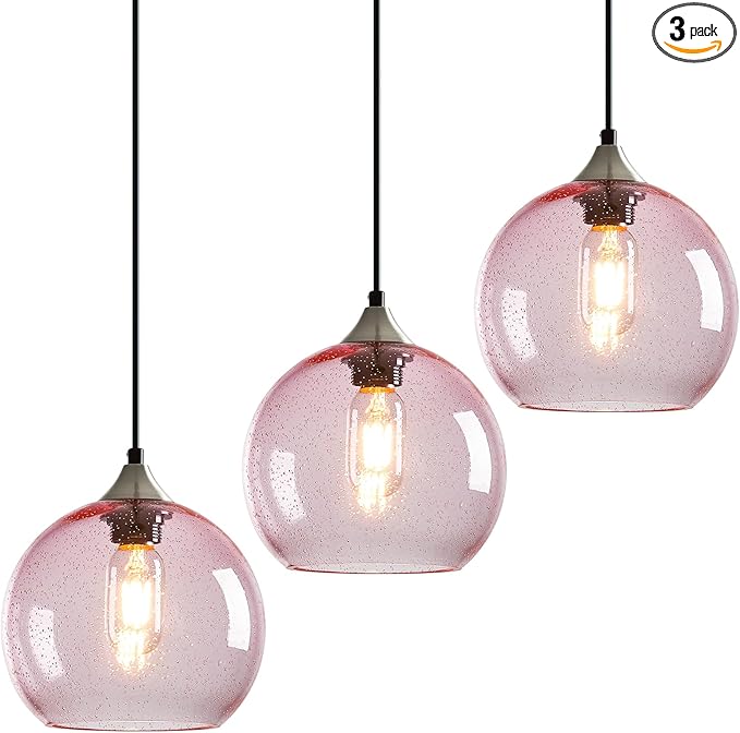 Pink Glass Pendant Lights Kitchen Island Lighting Globe Pendant Light Fixtures Modern Pendant Lighting for Bedroom Living Dining Room Light Fixture (7.87 in, 3 Pack)