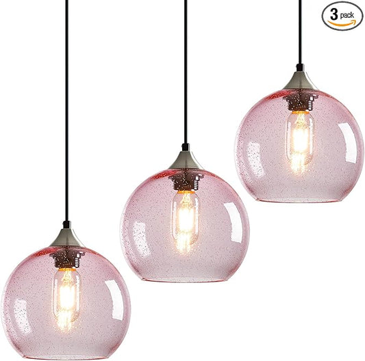 Pink Glass Pendant Lights Kitchen Island Lighting Globe Pendant Light Fixtures Modern Pendant Lighting for Bedroom Living Dining Room Light Fixture (7.87 in, 3 Pack)