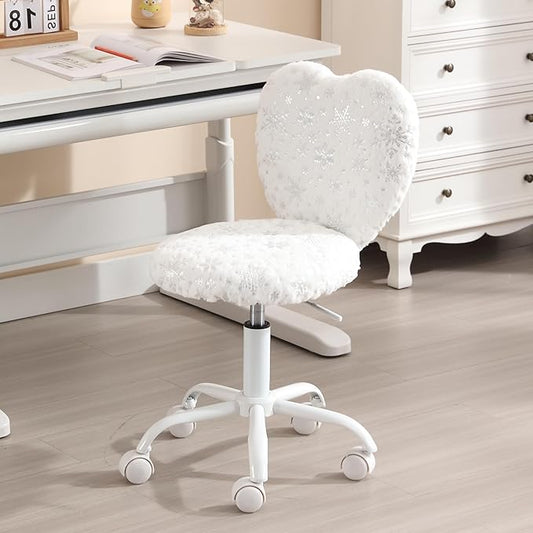 Kmax Kids Reading Chair, Rolling Cute Desk Chair for Girls Swivel Office Chair with Wheels & Heart Back Adjustable Childrens Vanity Chair for Bedroom Reading Room - Fur, Snowflake
