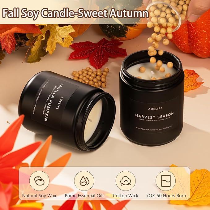 Fall Candle - Harvest Season Scented Candles, Fall Soy Candle for Home Decor, 7 oz Natural Soy Wax – Long-Lasting Autumn Candles, Aromatherapy Gift for Women & Thanksgiving, 7oz