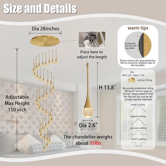 H150 Spiral Chandelier Lighting Modern Gold Chandelier Light Fixture for Foyer Hallway Crystal Chandeliers for High Ceilings Suitable for Sloping Ceiling 2700-6000k Dimmable