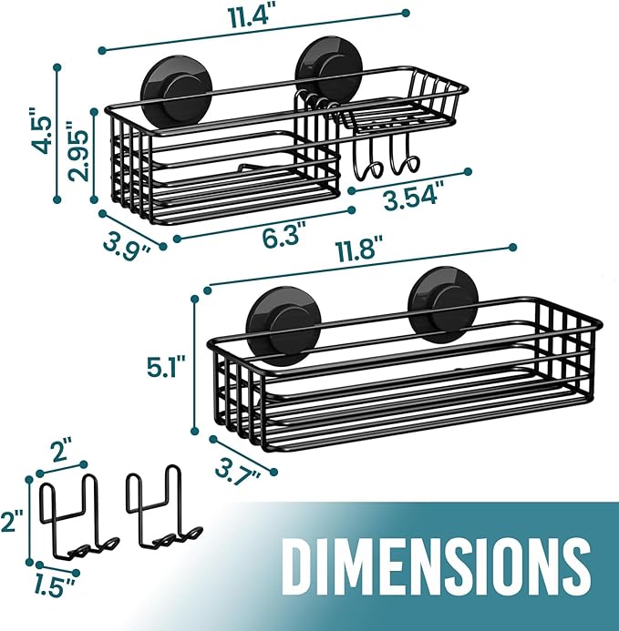 TAILI Shower Caddy Suction Cup 2 Pack with Hooks & Soap holder, Heavy Duty Shower Organizer for Bathroom, No Drilling Bathroom Organizer with Large Capacity, Black Metal Storage Basket