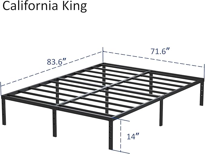California King Bed Frames No Box Spring Needed, 14 Inch Heavy Duty Metal Platform Support Up to 3000 lbs with Steel Slat, Easy Assembly, Noise Free, Black