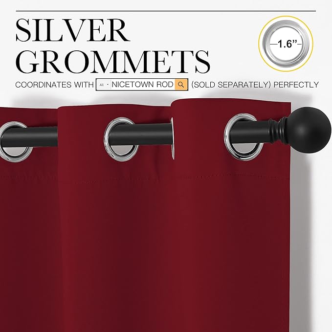 NICETOWN Christmas Burgundy Red Kitchen Blackout Curtain Panels, Thermal Insulated Grommet Top Blackout Draperies and Drapes for Basement (2 Panels, W42 x L68-inch)